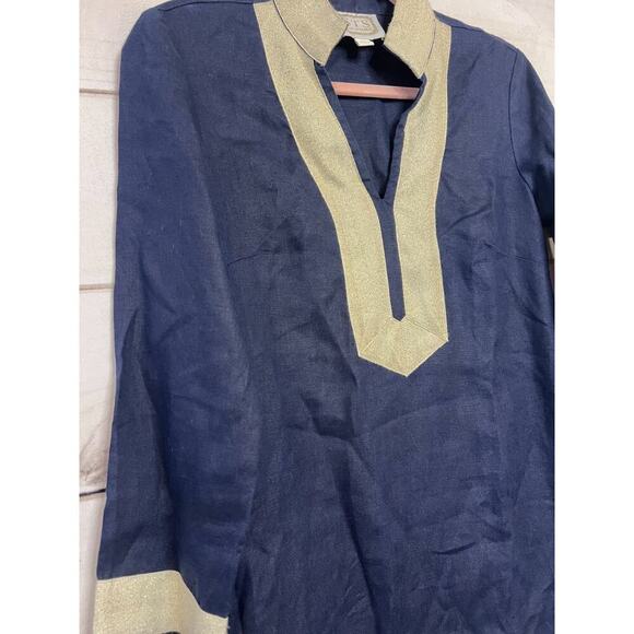 Sail to Sable Size XS Long Sleeve Dress Navy With Gold Trim Linen - Picture 5 of 5